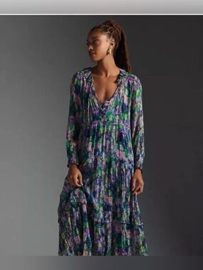 Anthropologie Floral Tiered Maxi Dress in Purple & Green